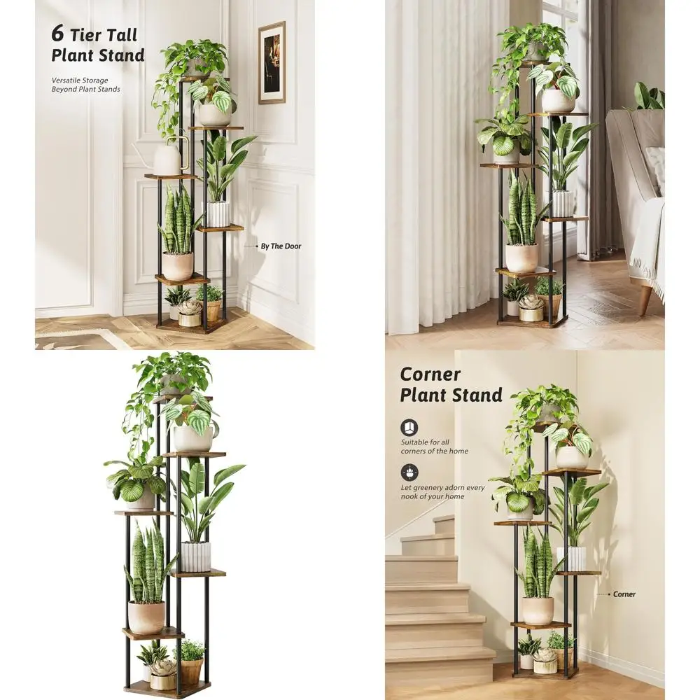 

6-ярусная деревянная подставка для растений для дома, балкона и патио, отделка под коричневый дуб