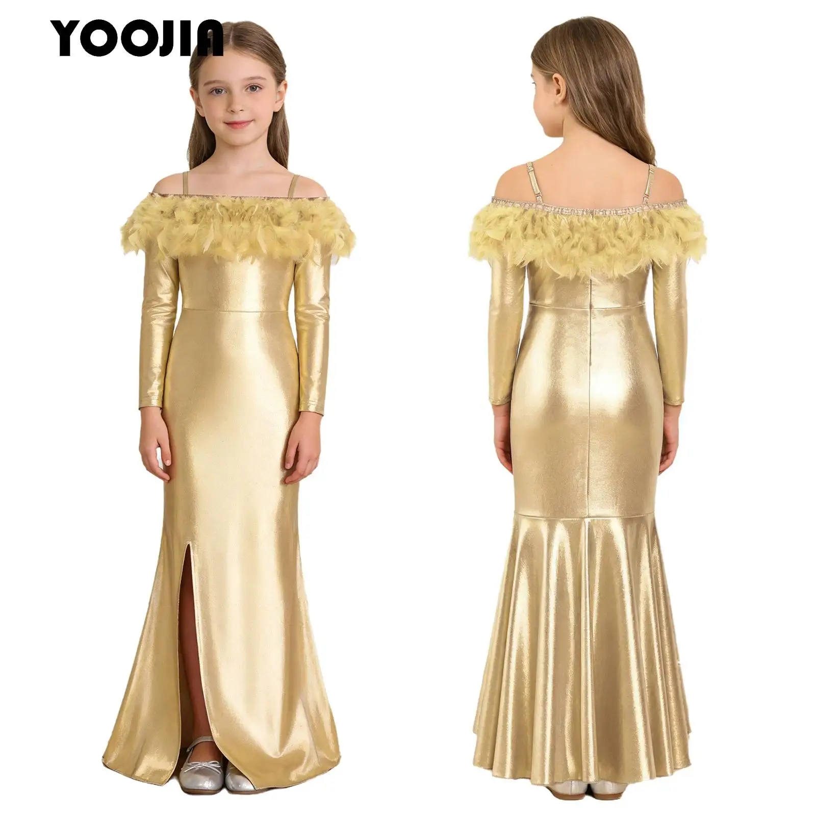 

Kids Girls Off Shoulder Feather Trim Mermaid Dress Metallic Shiny Maxi Dress Wedding Pageant Gown Princess Birthday Party Dress