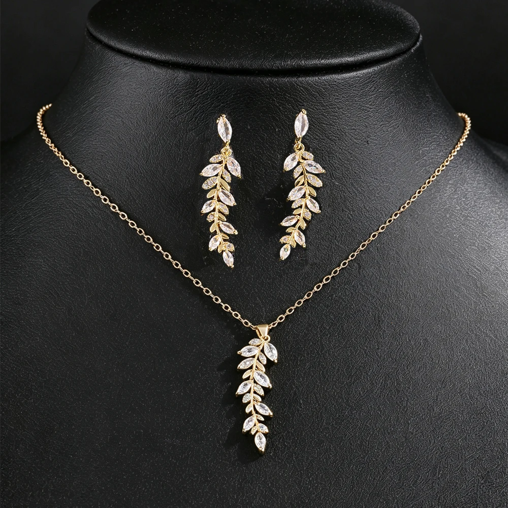 ZAKOL Wunderschönes Blatt-Cubic-Zirkonia-Ohrringe-Halsketten-Schmuckset für Damen, elegante Accessoires für Hochzeiten und Partys, Schmuckgeschenk – Detail 2