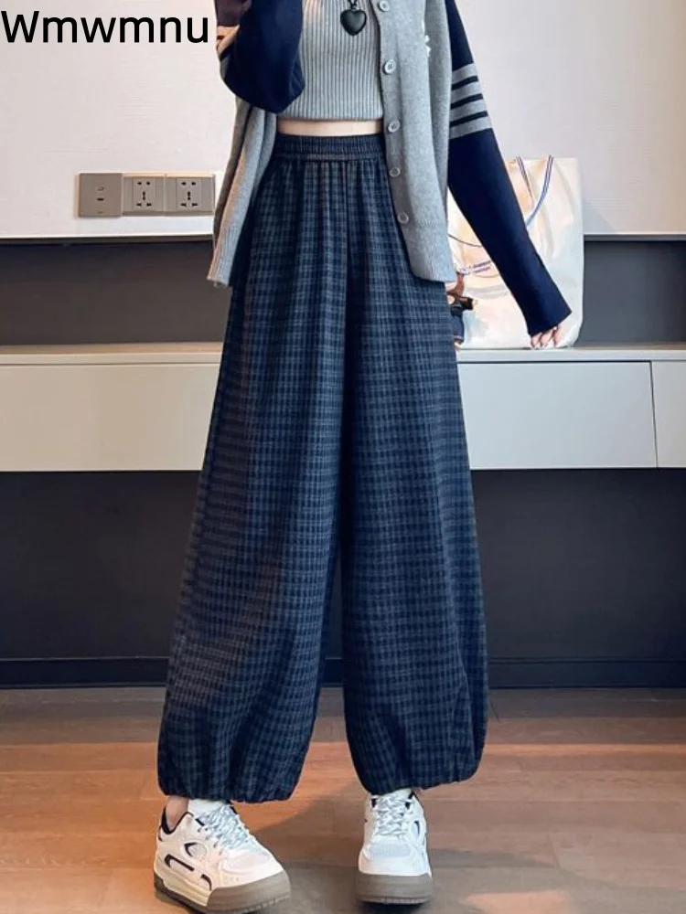 

Клетчатые шаровары, мешковатые брюки, женские повседневные свободные брюки до щиколотки, эластичные корейские модные брюки с высокой талией, калька