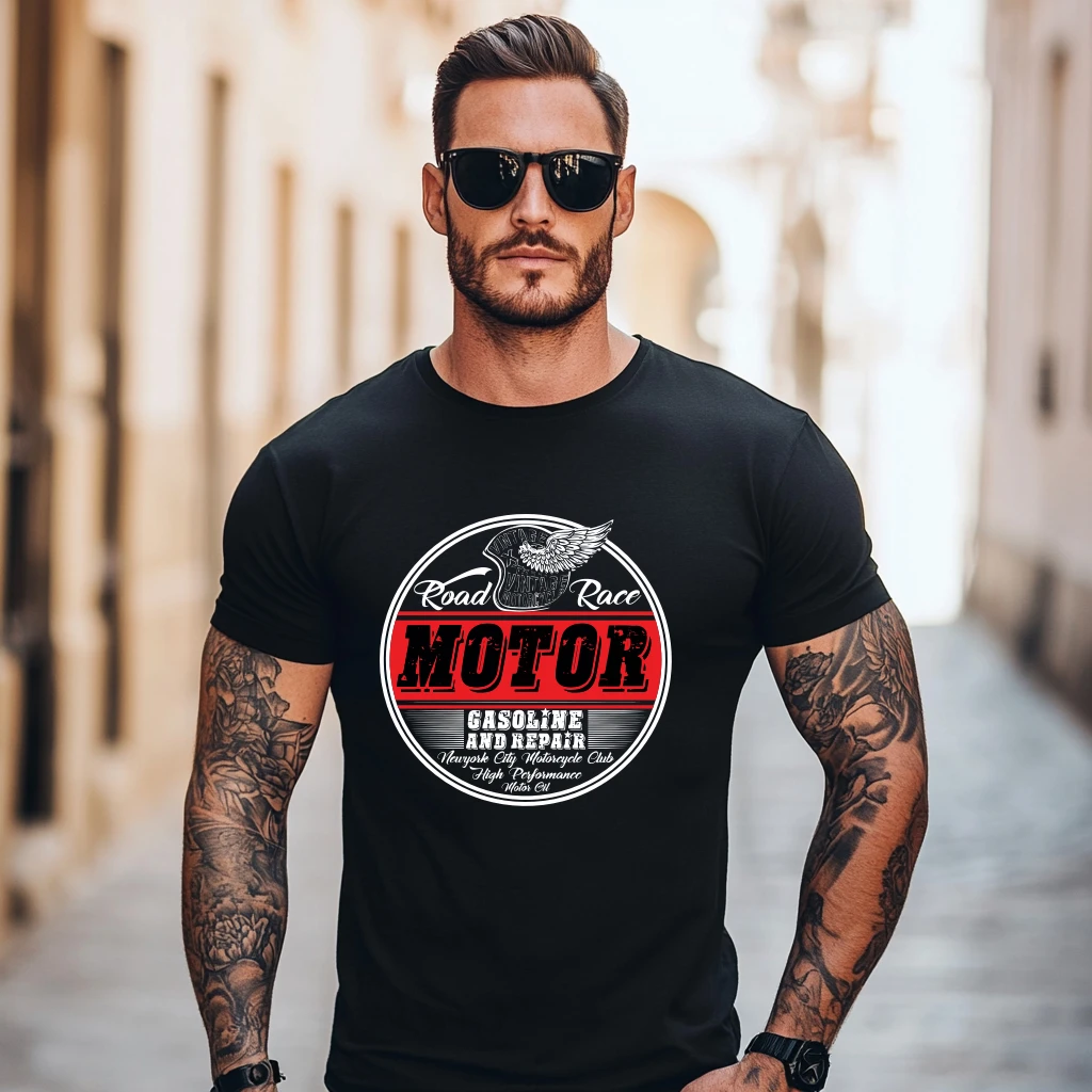 2024 Summer New American Retro Short Sleeve O-neck Motorcyce Printed T-shirt Men's Simple 100% Cotton Washed Casual Youth Tees