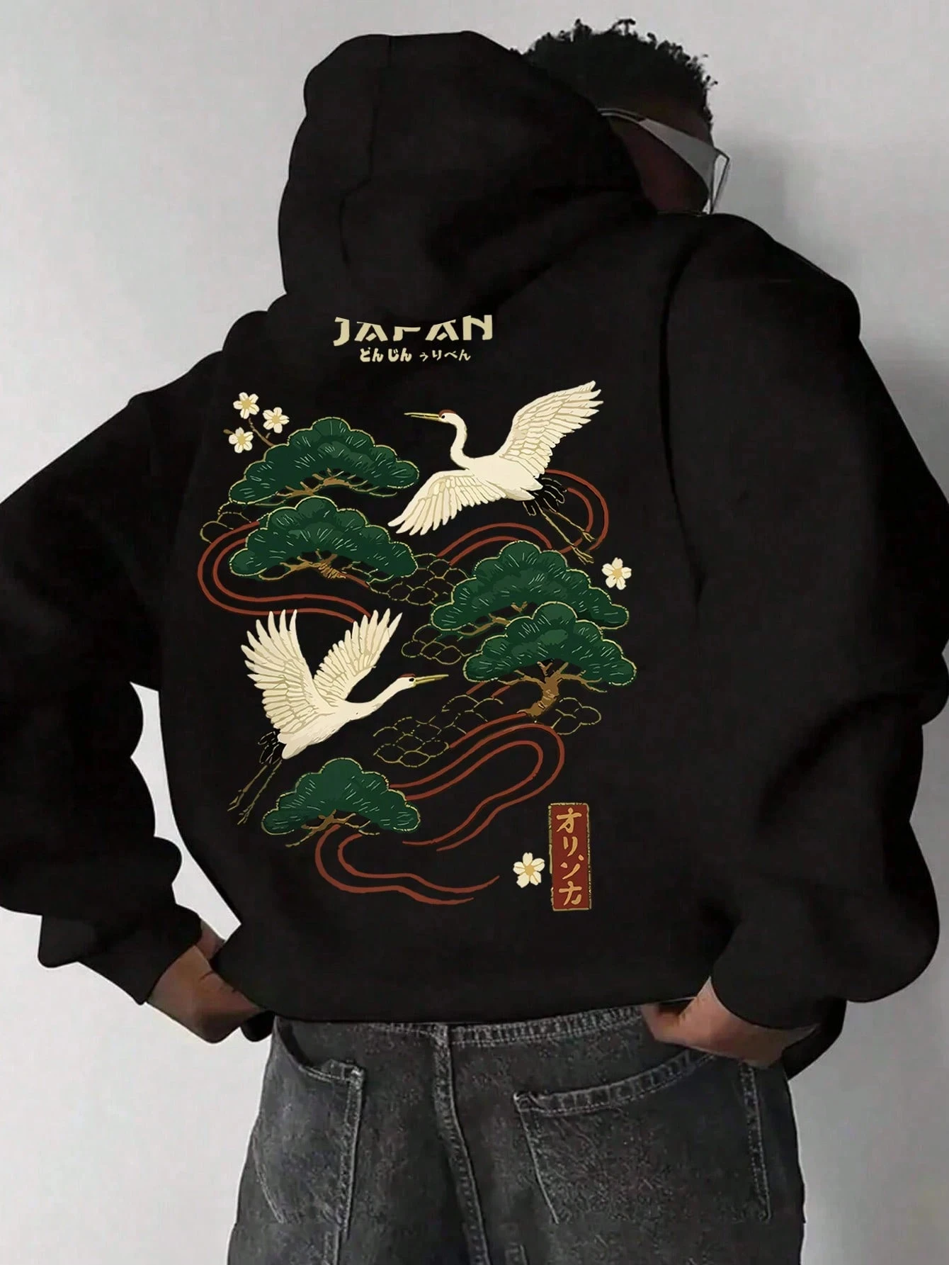 2026 Neuer Unisex Oversized Hoodie mit japanischem Kranich und Kiefer, Herbst-Winter Streetwear, Ukiyo-e Rückendruck, Kapuzenpullover
