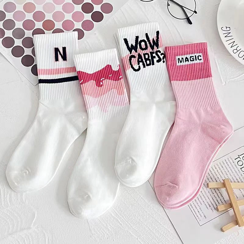 Autumn Winter Pink Sweet Love Letters Cotton Casual Middle Tube Socks Versatile Socks Trendy Long Socks