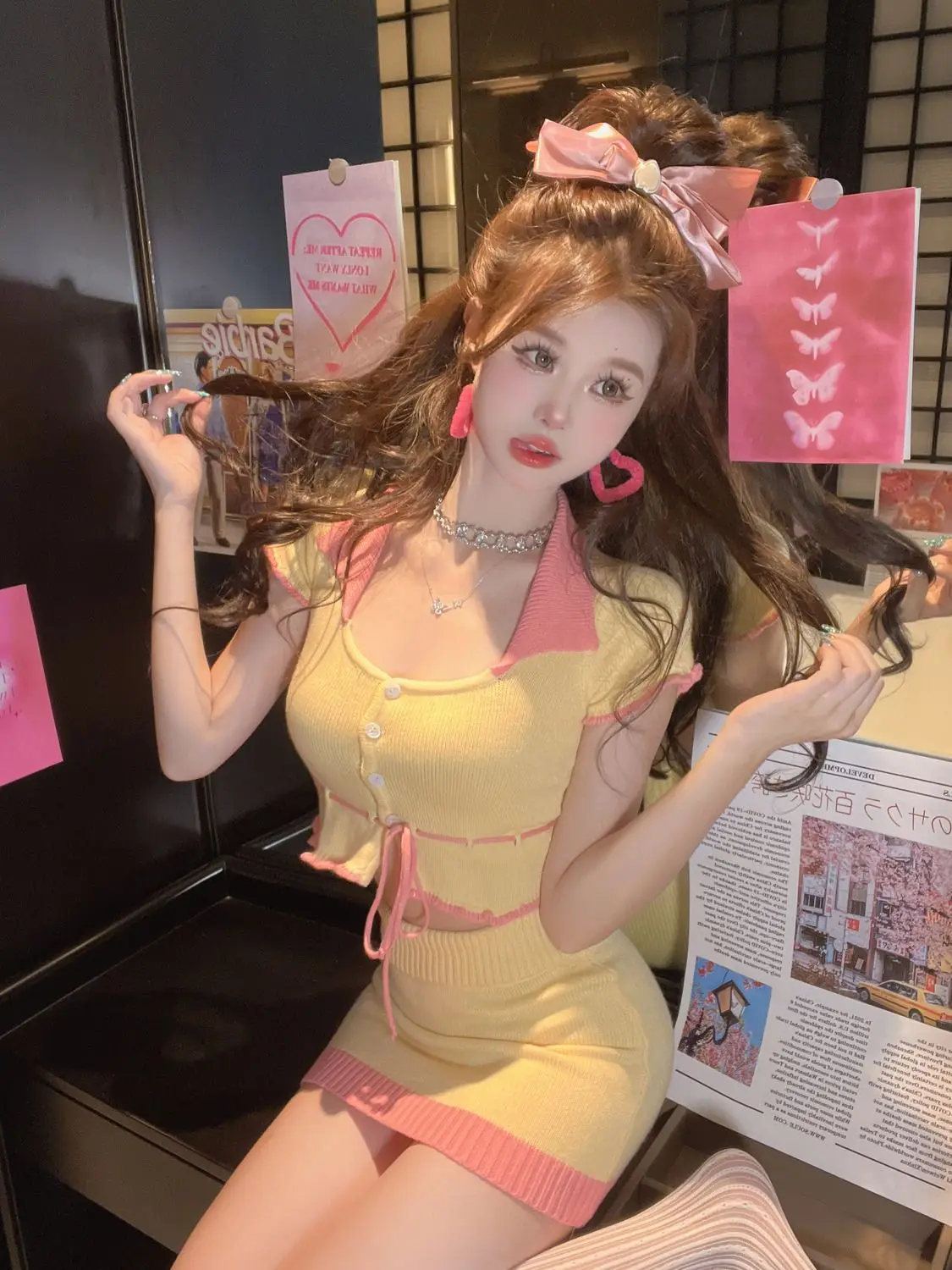 ผู้หญิงเซ็กซี่ถัก 2 ชิ้นชุดแขนสั้น Crop Top และเอวสูงกระโปรงมินิ SLIM FIT หวานชุดปาร์ตี้ฤดูร้อนชุด