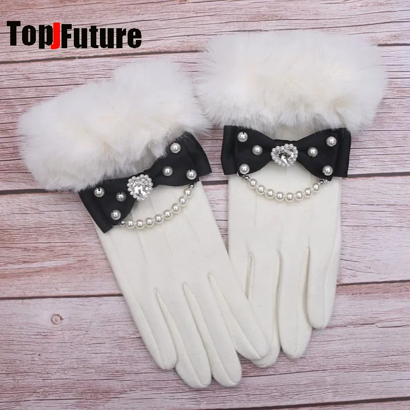 Women Japanese Y2K Girl Sweet Lolita Fluffy Warm Split Finger Gloves With Rhinestone Pearl Chain Decor Bow Subculture Mittens