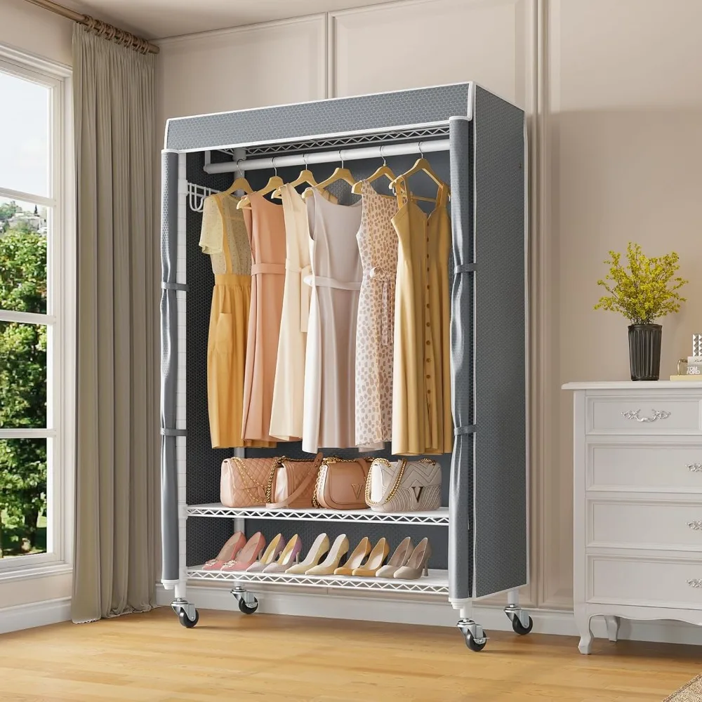 

Heavy Duty Freestanding Clothes Rack with Wheels & Hanging Rod & Side Hooks, 36.6" Lx17.3 Wx72.4 H, White Rack with Grey
