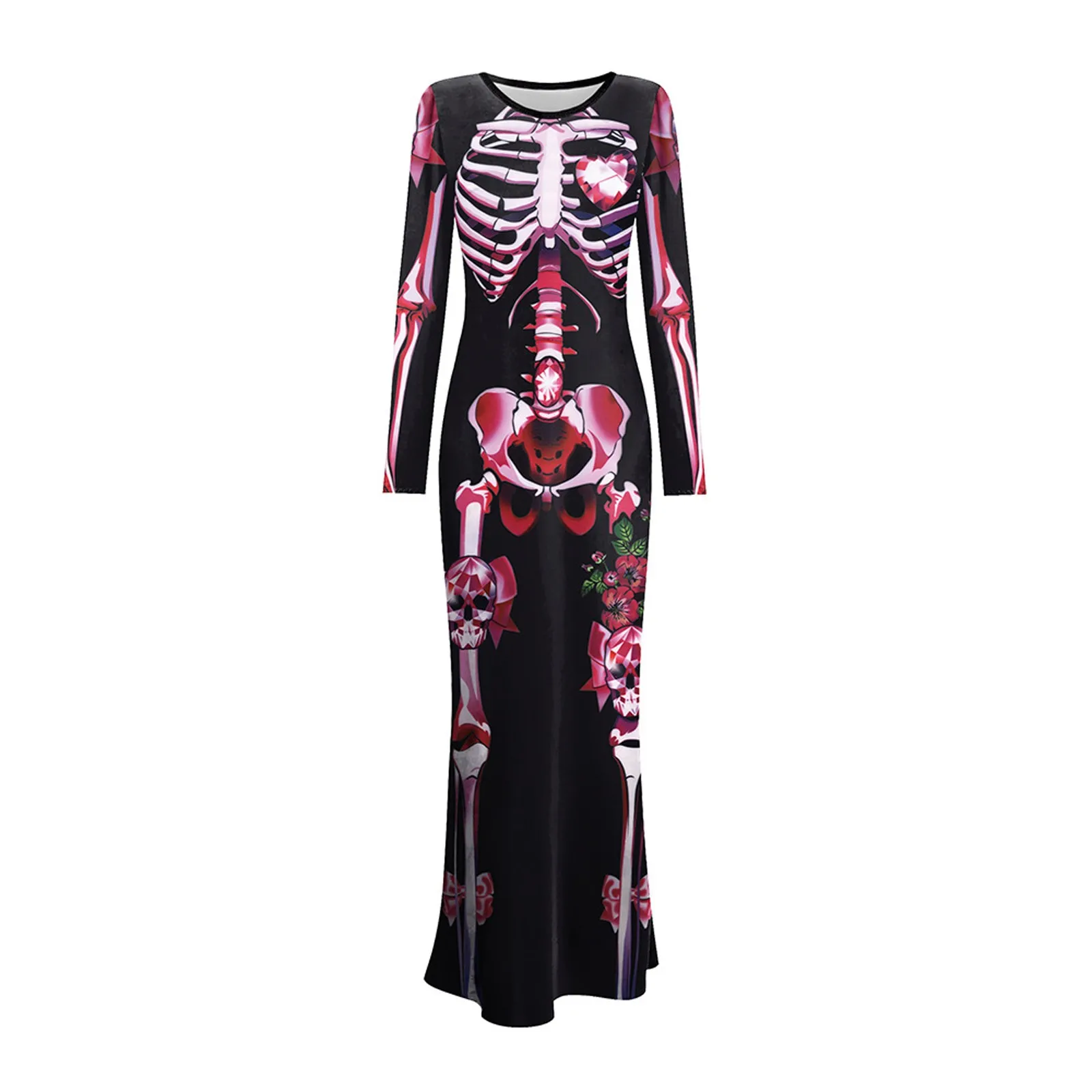 Vestido de manga larga con estampado de esqueleto a la moda para Mujer, vestido Maxi Floral con cuello redondo, Vestidos elegantes para Mujer, Vestidos de fiesta para Mujer