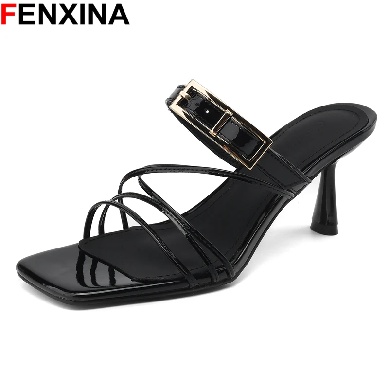 

FENXINA Plus Size 34-42 Patent Leather Women Slippers Buckle Summer High Heels Slippers Party Dress Shoes Fashion Footwear