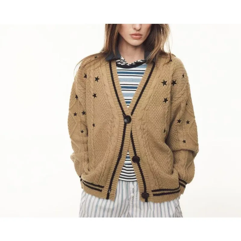 

Осенний новый вязаный кардиган, женский вязаный свитер, пальто с длинным рукавом и v-образным вырезом, женские вязаные топы