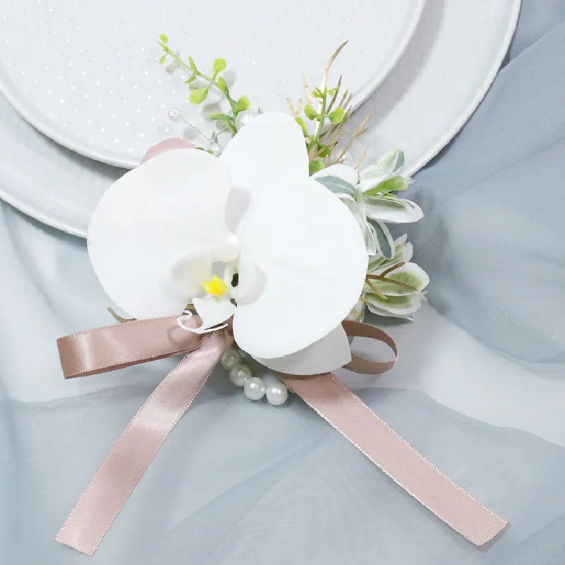 Boutonniere y Corsag de muñeca para Celebración de negocios, suministros de boda de simulación de Chestflower, orquídea Phalaenopsis blanca 450