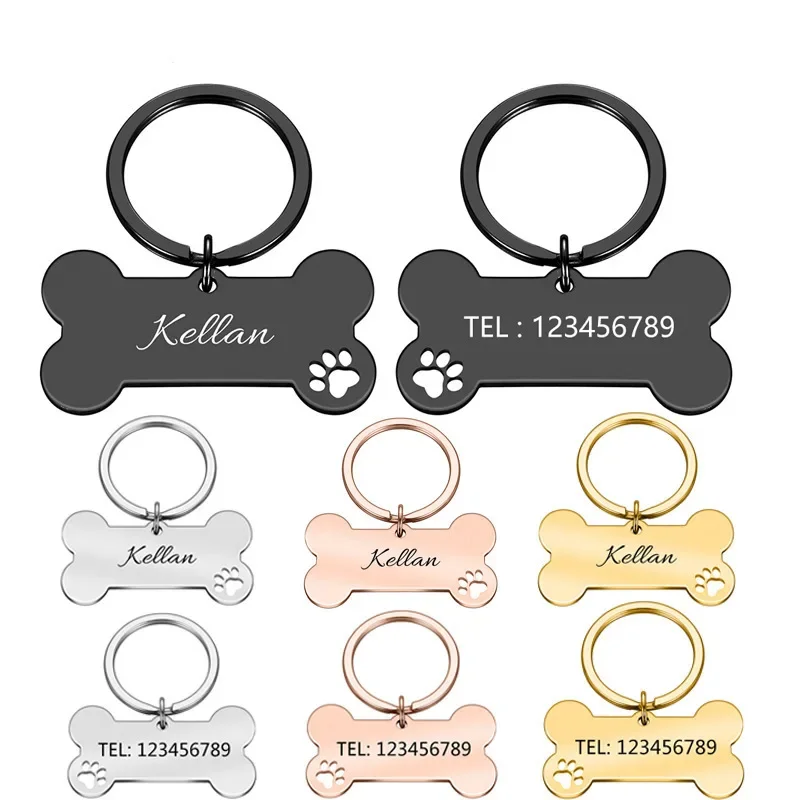 Anti-Lost Pet ID Tag Keychain Personalized  Engraved Name Phone No.Puppy Dog Collar Tag Keyring Bone Custom Accessories Gift