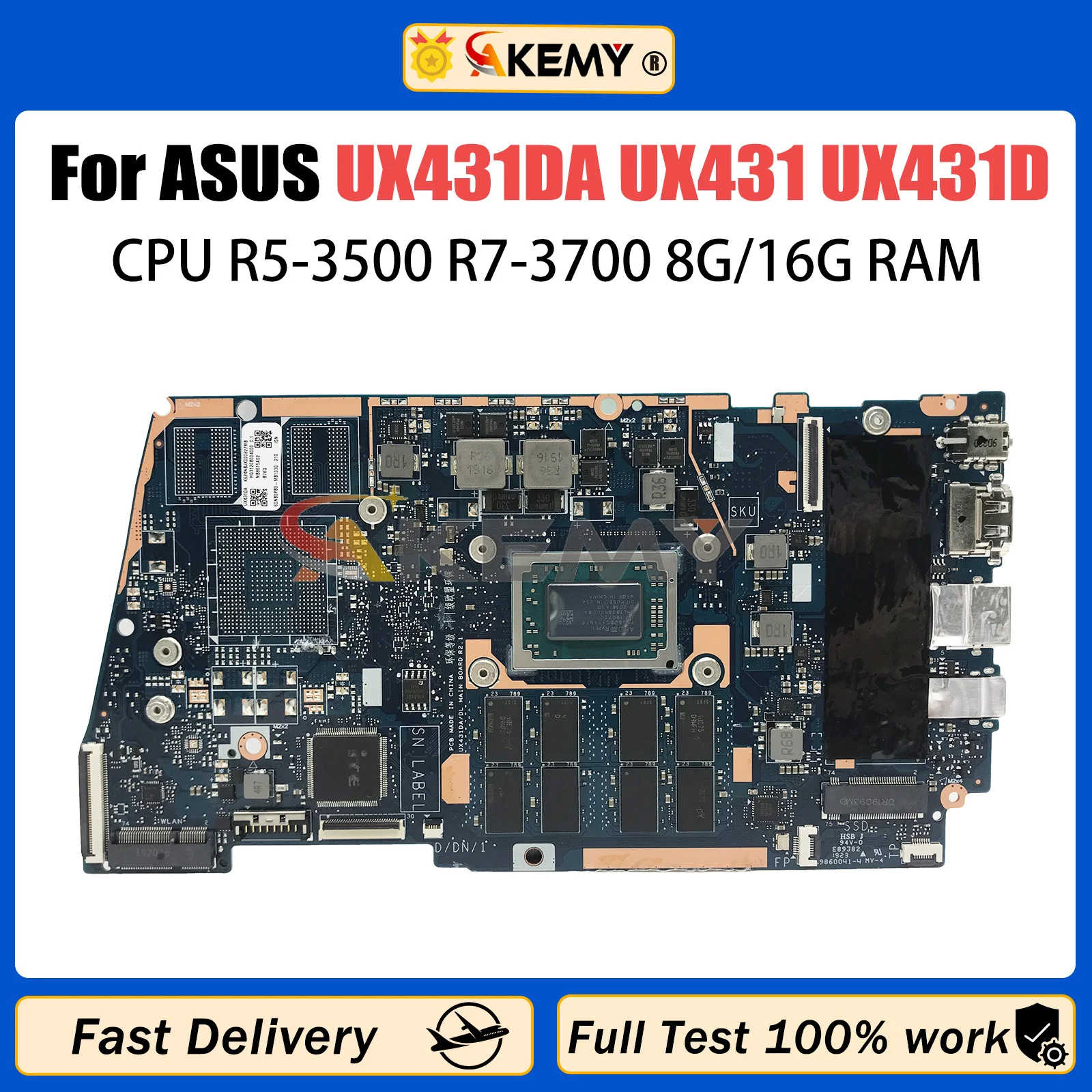 

AKEMY UX431DA Mainboard For ASUS FOR ZenBook UX431 UX431D Laptop Motherboard R5-3500 R7-3700 8G/16G-RAM 100% Test OK