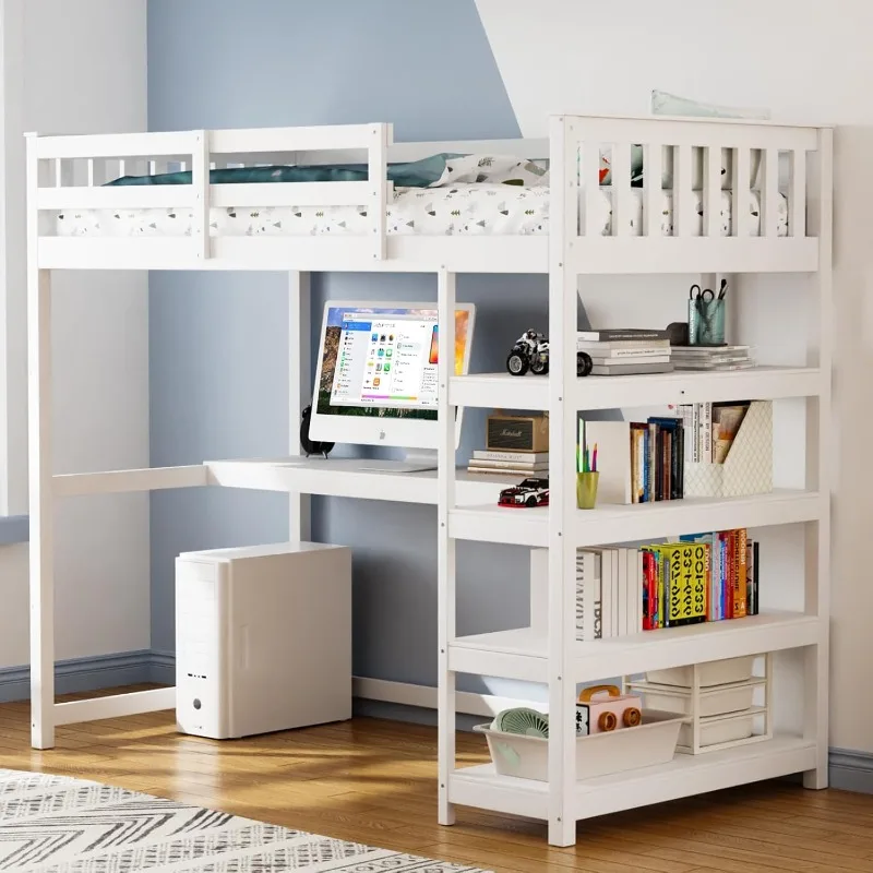 White Bunk Bed with Desk and 4-Layer Shelves Loft Bed Twin Size with Under Desk and Bookcase Storage