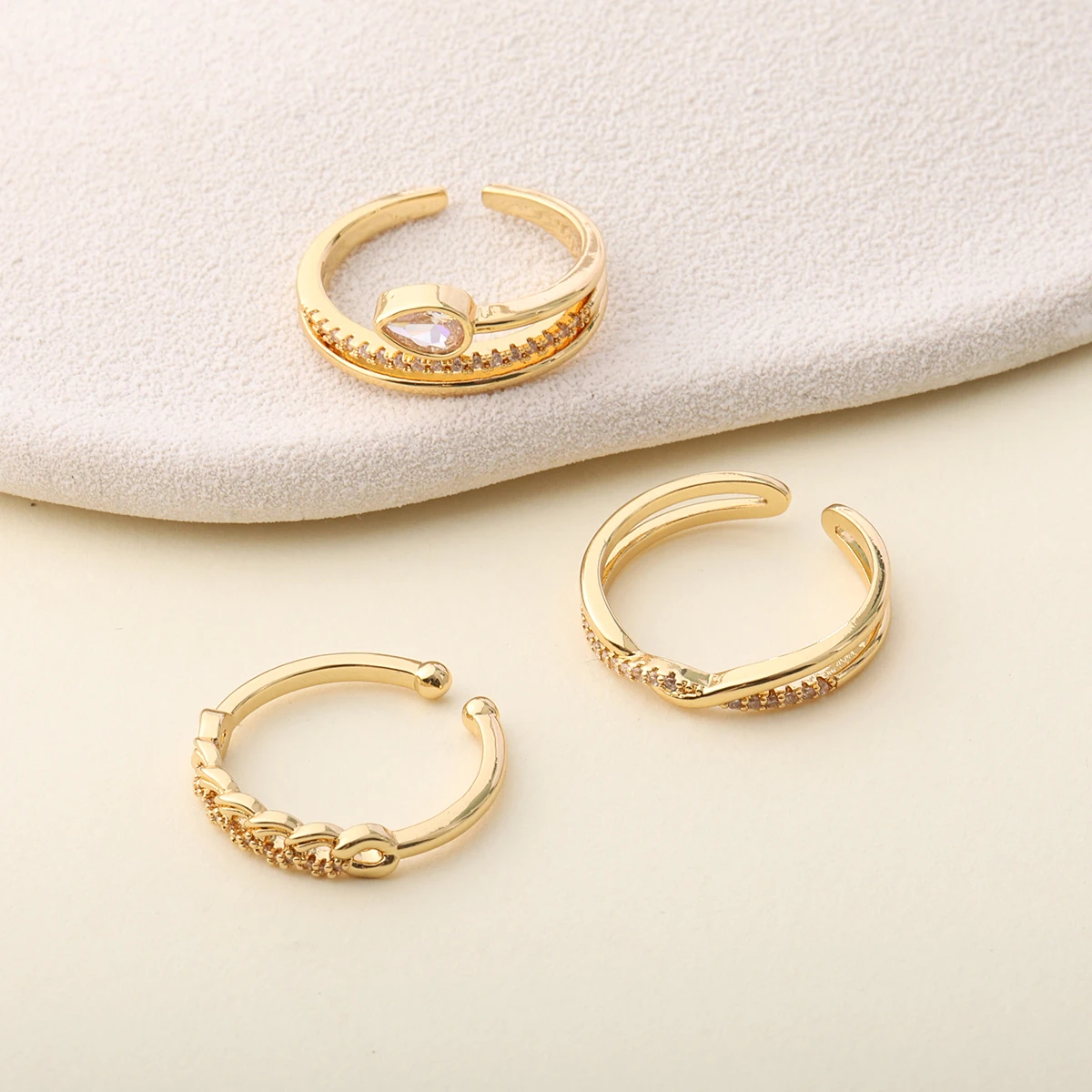 3Pcs Stackable Open Rings Set For Women, Teardrop Zircon Double Layer Chain Crystal Adjustable Gold Silver Finger Rings