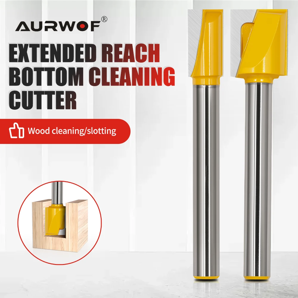 AURWOF 12mm Shank Extended Router Bit, Yellow Bottom Cleaner & Surface Planing Tool For Wood Milling, Dia. 16-36mm