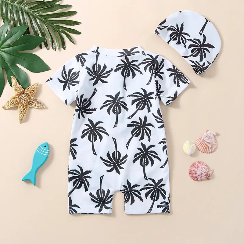 

Newborn baby boy swimsuit with hood cute cartoon coconut tree print short sleeve round neck half zipper one-piece pool swimsuit