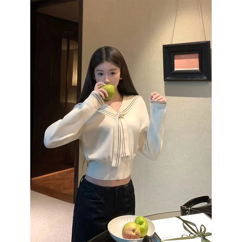 

Kawaii Cropped Sweater Women Japanese Cutecore Sailor Collar Knitted Pullovers Korean Long Sleeve Knitwears Winter Slim Jumpers