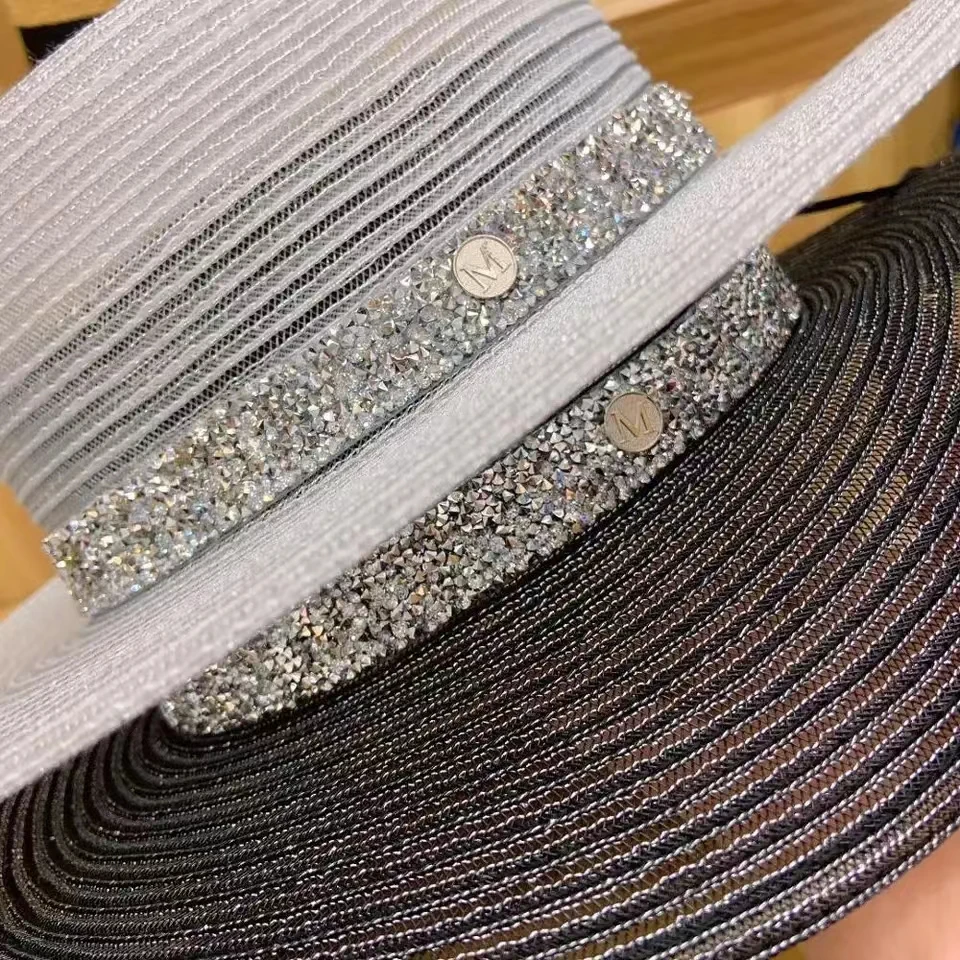 Classical Women Sun Hats foldable Breathable White Black Church Hat for Ladies Rhinestone Band Summer Hat Flat Boater Beach Hat