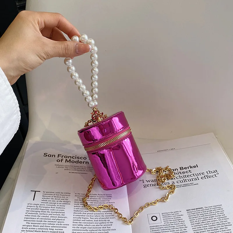 New Silver Gold PU Shiny Mini Chain Shoulder Crossbody Bag for Women Portable Cylindrical Key Lipstick Bag Cosmetic Makeup Pouch