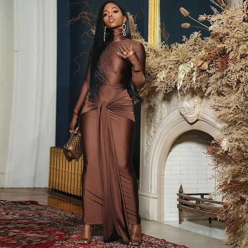 

Women's Turtleneck Long Sleeve Pleated Lace-up Long Dress & Ribbons, Solid Color, 2pcs Set