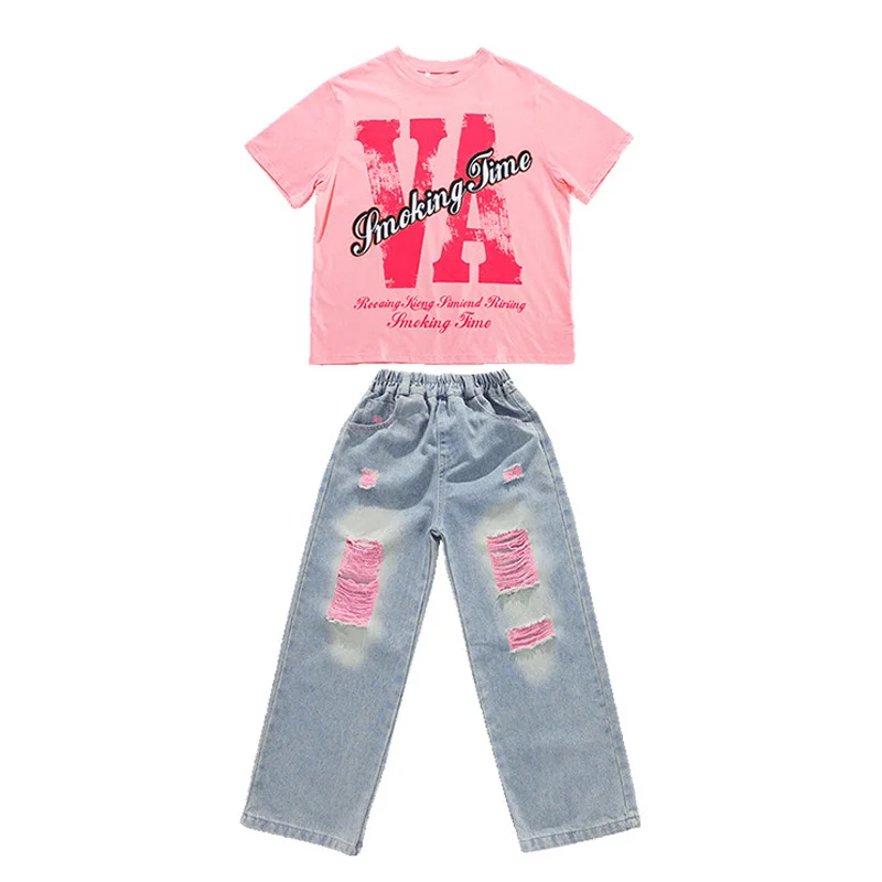Mädchen Streetwear Street Dance T-shirt Rosa Lose Jeans Hip Hop Kleidung für Kinder Jazz Zerrissene Denim Hosen Outfits Teen Kostüm