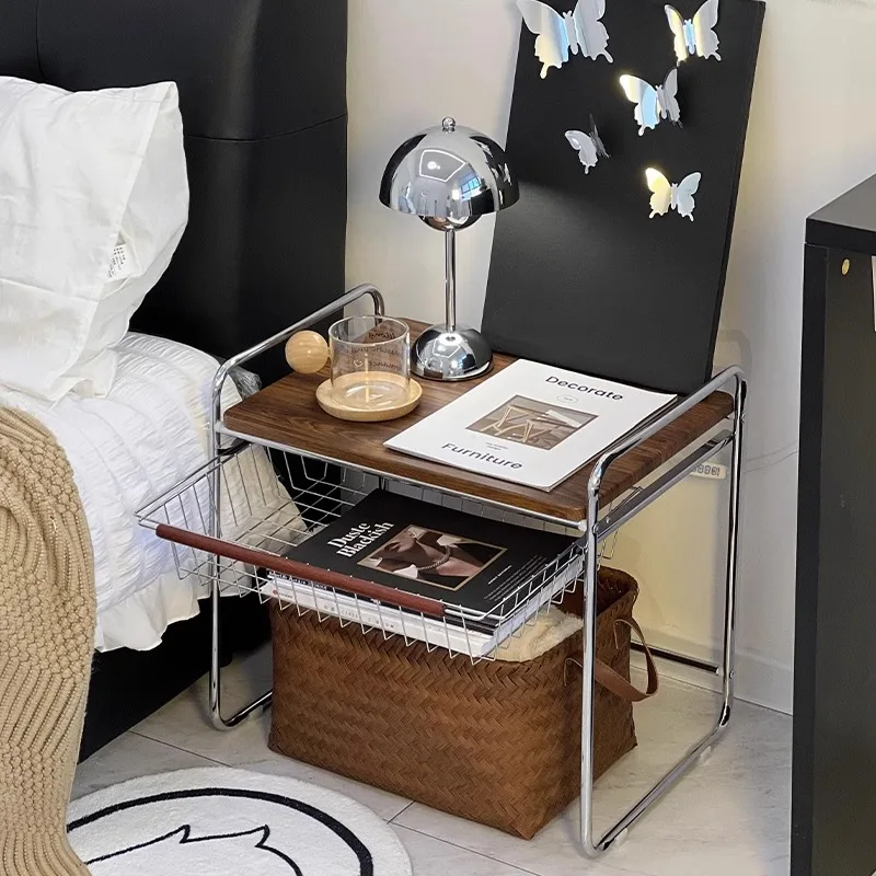 Vintage Stainless Steel Bedside Table Retro Bedroom Nightstand Living Room Side Shelf Rustic Bedside