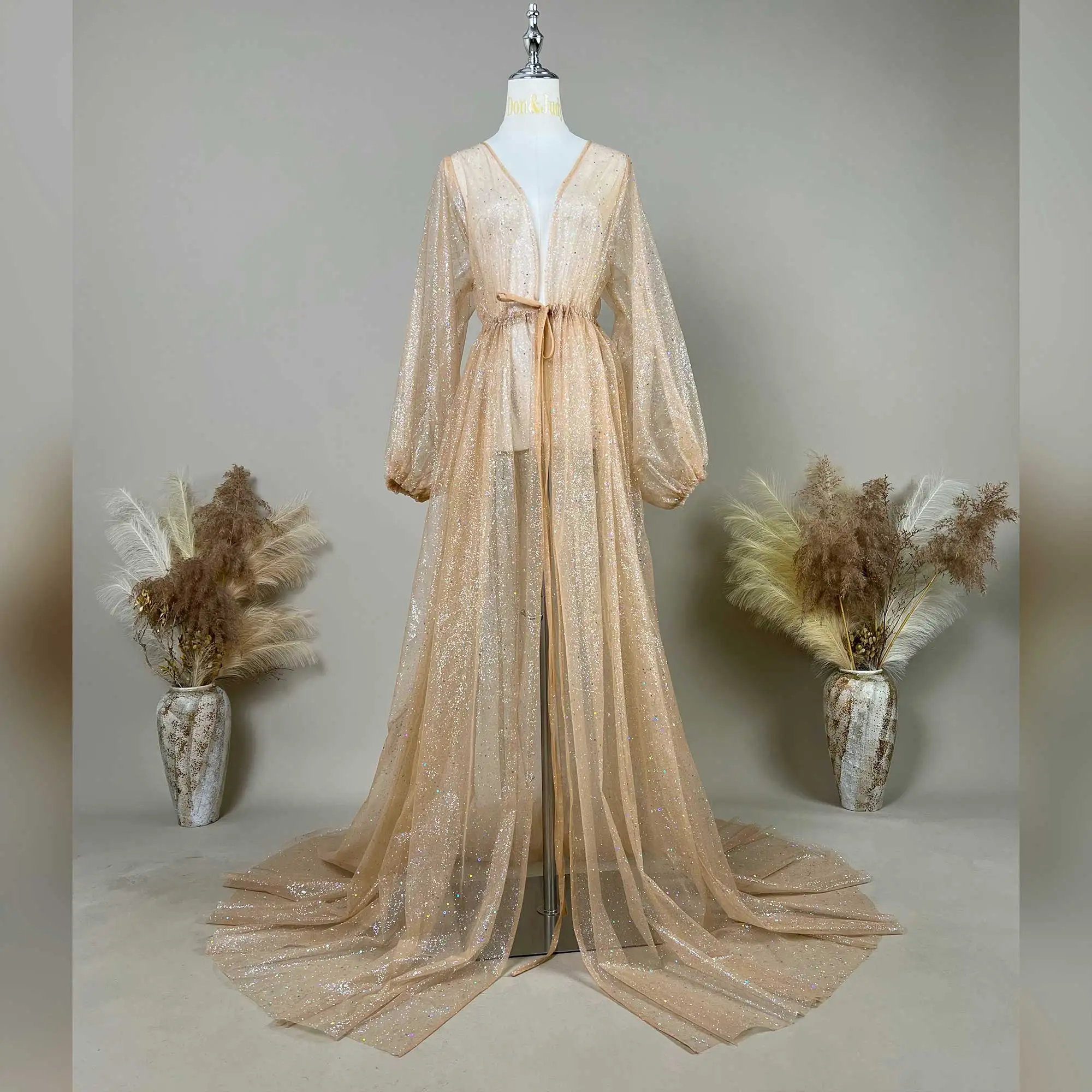Don&Judy Handmade Sequin Tulle Long Sleeve Open Front Maternity Dress Baby Shower Gown for Maternity or Non-maternity Props
