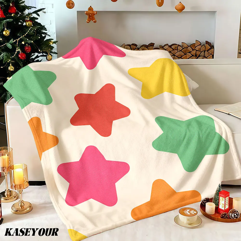 Multicolor Star Print Winter Summer Flannel Blanket Throw Fleece Soft Fuzzy Plush Cozy Fleece Blankets for Sofa Ideal Gifts