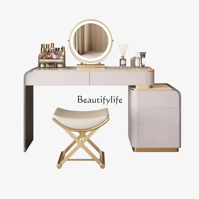 

XXItalian light luxury high-end saddle leather marble vanity table storage cabinet minimalist vanity integrated