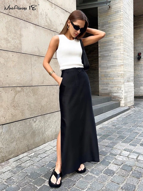 Mnealways18 Black Loose Long Skirts Women A Line Zip Skirts Ladies Elegant Summer Skirts Female With Pocket Ankle Length Skirts