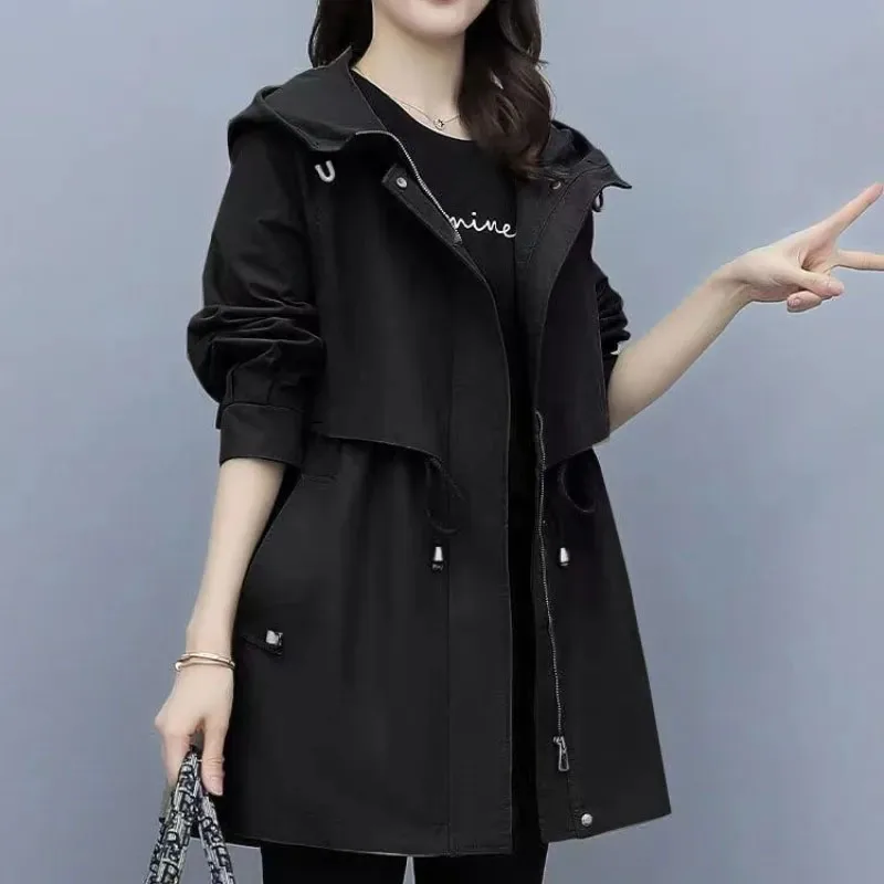 Women Autumn Hooded Trench Coat Fashion Drawcord Loose Pocket Solid Jacket Korean Office Lady Mid Length Casual Outerwear