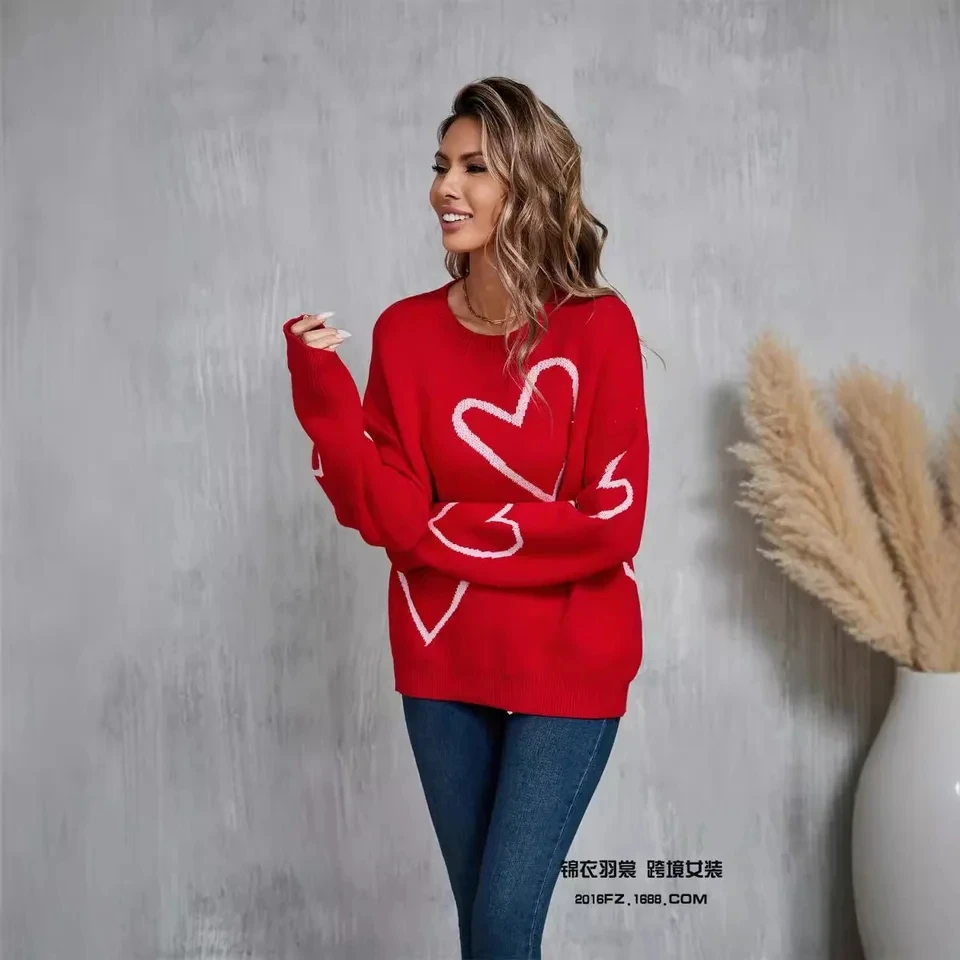 

Round Neck Long Sleeve Love Pattern New Pullover Contrast Color Sweater Womens Spring Autumn Versatile Pullover Knitted Sweater