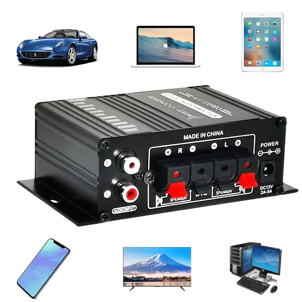 AK-270 HIFI Amplifier 2.0 Channel Home Amp Bass and Treble Adjustment Stereo Audio Home Cinema Sound System DC12V Black MP3