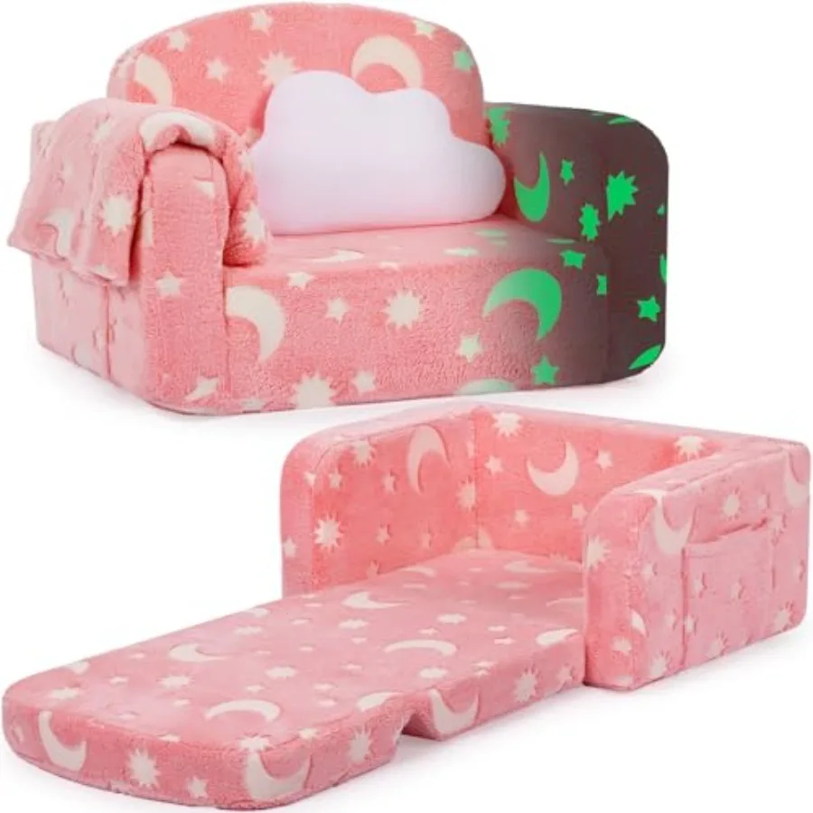 

Couch, 2-in-1 Soft Toddler Couch Fold Out with Blanket and Cloud Pillow, Glow in The Dark, Convertible Sofa, Gifts for Girl Boy