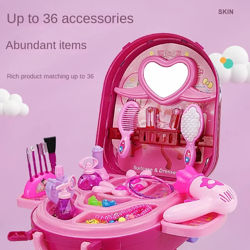 3 in 1 Kids Makeup Toy Set Girls Cosmetics Cosplay Princess Dresser Lipstick Pretend Toy Suitcase Toy Birthday Gift