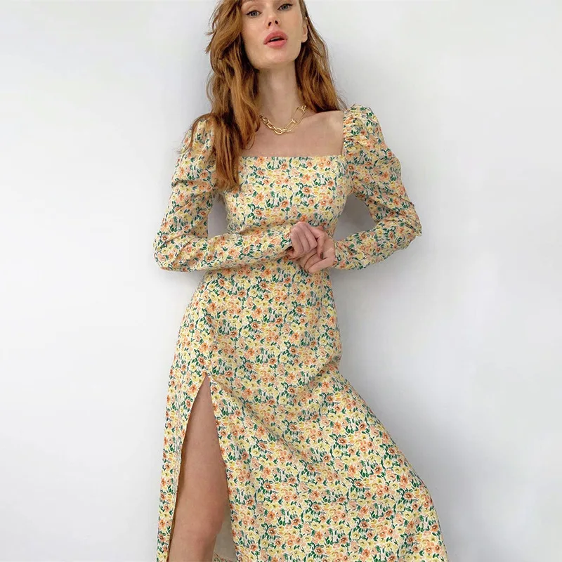 

Harajuku Floral Print Midi Dress Women Long Sleeve Puff Sleeve Side Split Lady Elegant Square Collar Casual Floral Long Dresses
