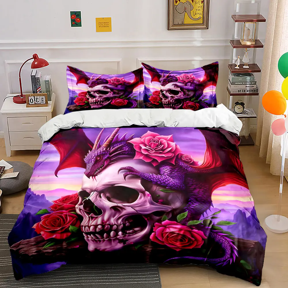 Purple dragon intertwined with roses and skull Print Bedding set 3PC 1 duvet cover 2 pillowcases adult children bedding set