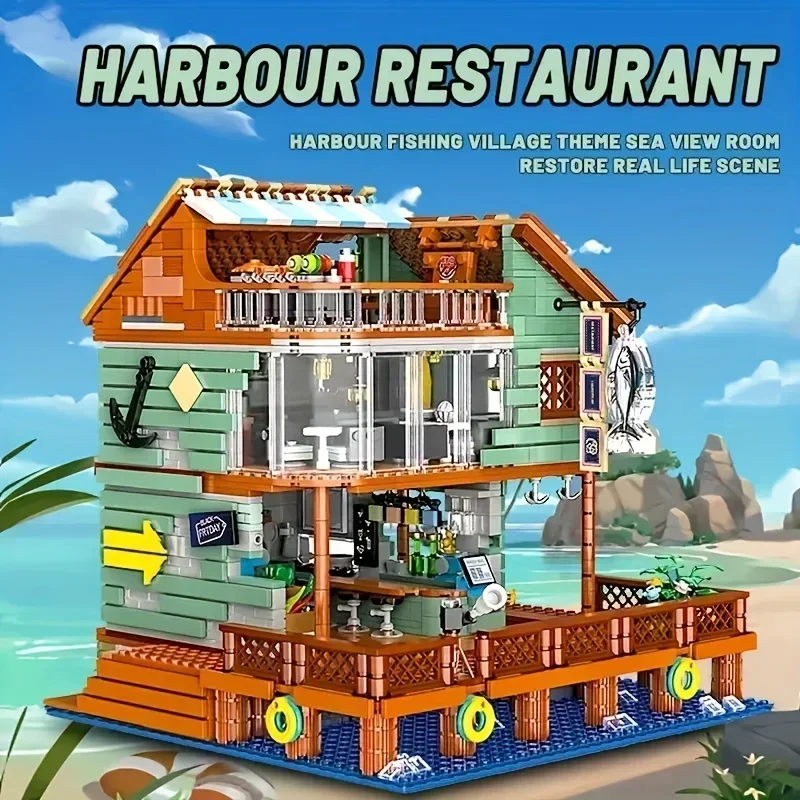 2096PCS Harbor Restaurant Building Blocks Seaside Street View House Construction MOC Bricks Toys Children's Christmas Gifts