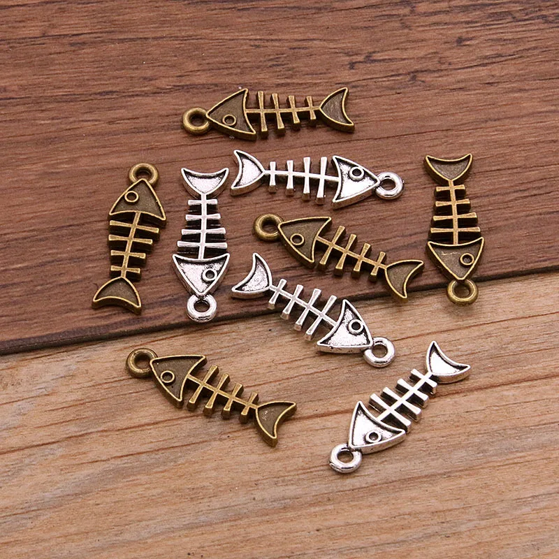 15PCS 8 * 24mm DIY Zinc Alloy Jewelry Accessories with Hollowed out Fish Bones and Fish Bones Pendant