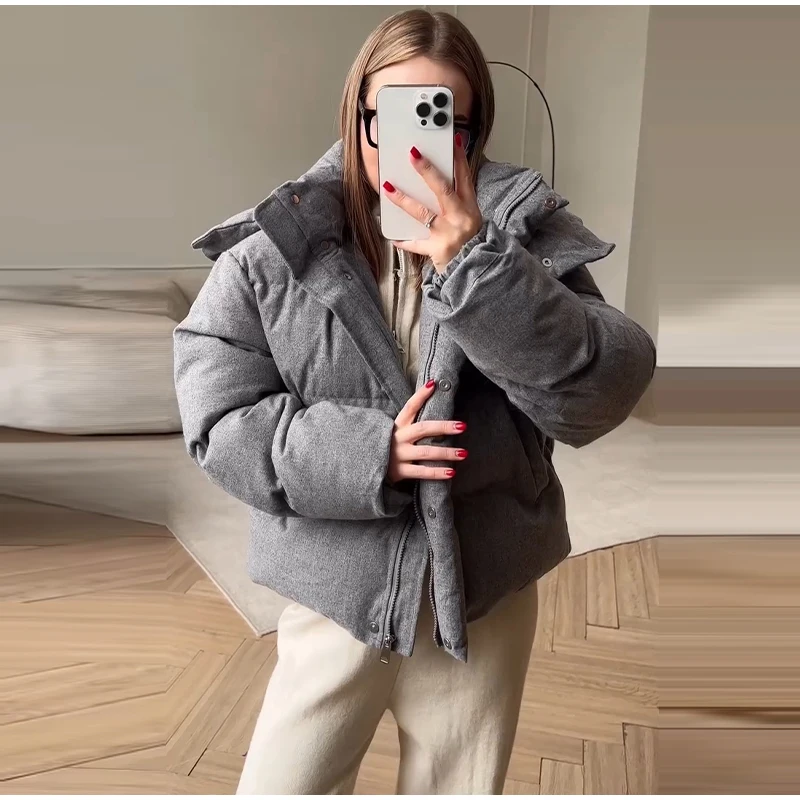 Hooded Stand Collar Fitted Puffer Coat Zip‑Up Oversized 2026 Winter Women Warm Padded Jacket Glam Causal Lady Cotton‑Padded Coat