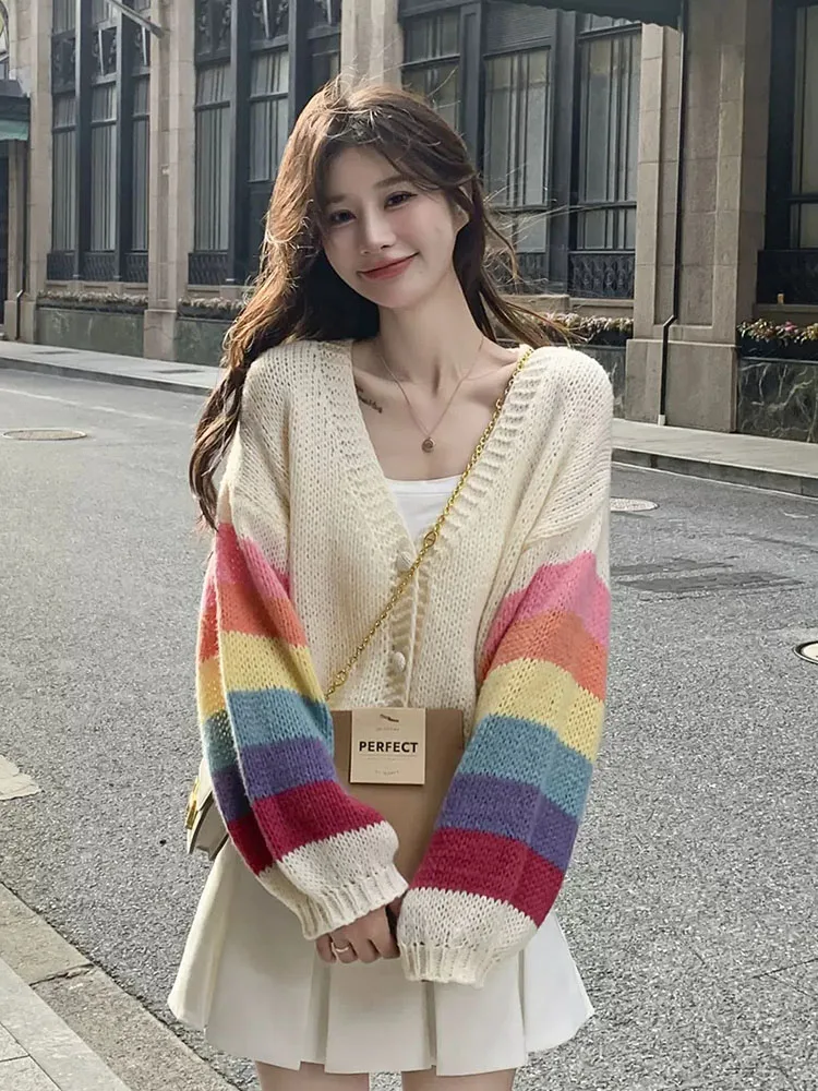 Fashion Rainbow Sweet Cardigan Sweaters Women Casual Lazy Wind Korean Knitted Coat Chic V Neck Loose Long Sleeve Tops Outwear