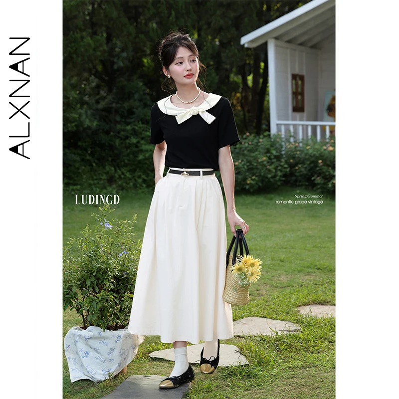 

ALXNAN Women's Black T-shirt Bowknot Elegant Cotton Short Sleeve Tees Summer Fashion Casual Loose-fit Office Lady Tops L56160