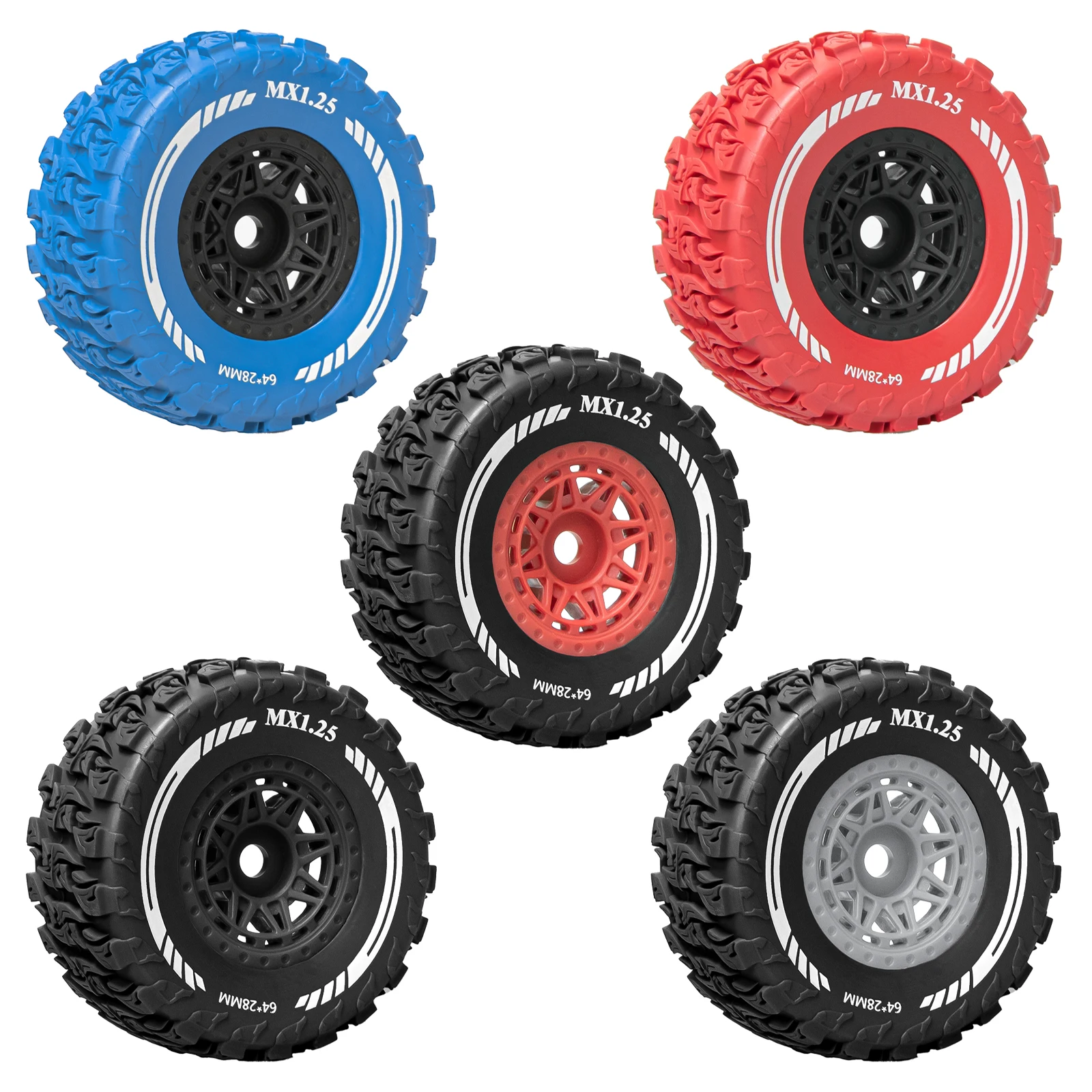 

1,25-дюймовый цветной комплект колес MX1.25 Комплект для повышения сцепления с дорогой и противоскольжения для гоночных автомобилей RC масштаба 1/14, 1/16, 1/18 для езды по бездорожью и шоссе