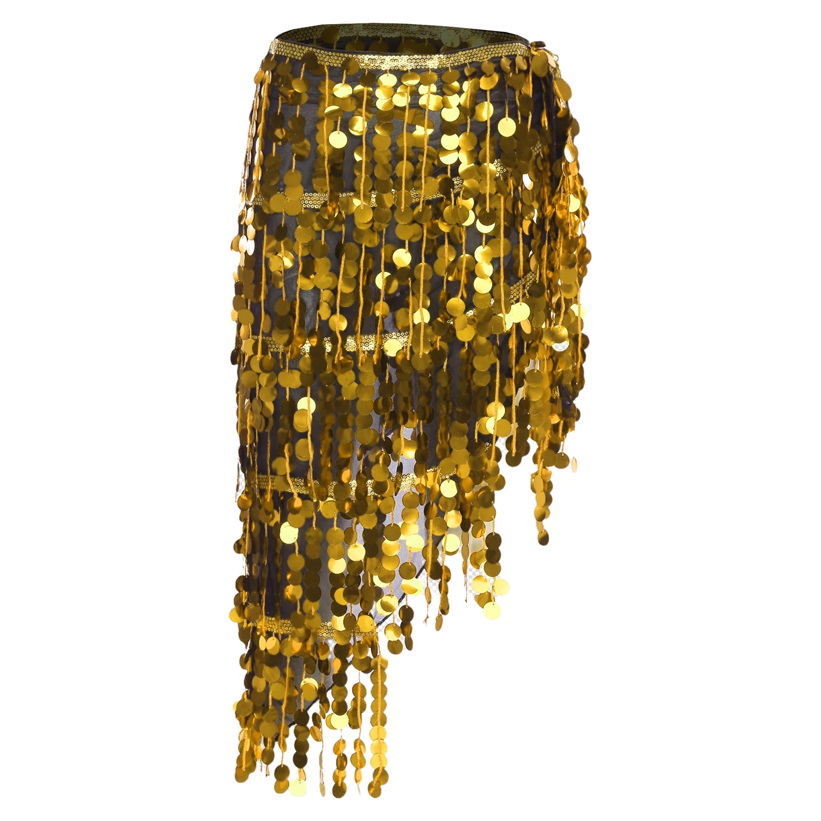 Womens Belly Dance Skirts Sheer Mesh Glittery Sequin Tassel Lace-up Triangle Hip Scarf Waist Chain Latin Dance Performance Skirt