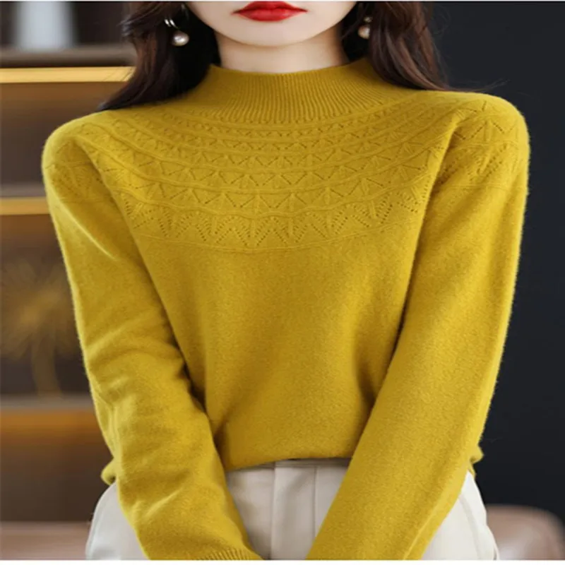 

23First-line ready-to-wear seamless sweater women's half-high-necked hollow pullover sweater is versatile in Europe and America