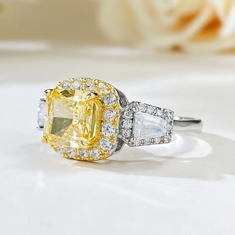 2023 New S925 Silver 7 * 7 High Carbon Diamond Yellow Diamond Premium European and American Ins Style Ring Ring