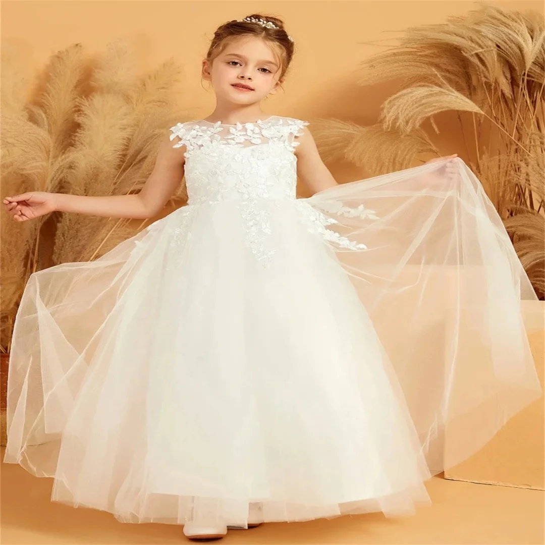 

Customized Wedding Birthday With Bow Sleeveless White Flower Girl Dress Tulle Floral Aplliques For Party Holy Communion Gown