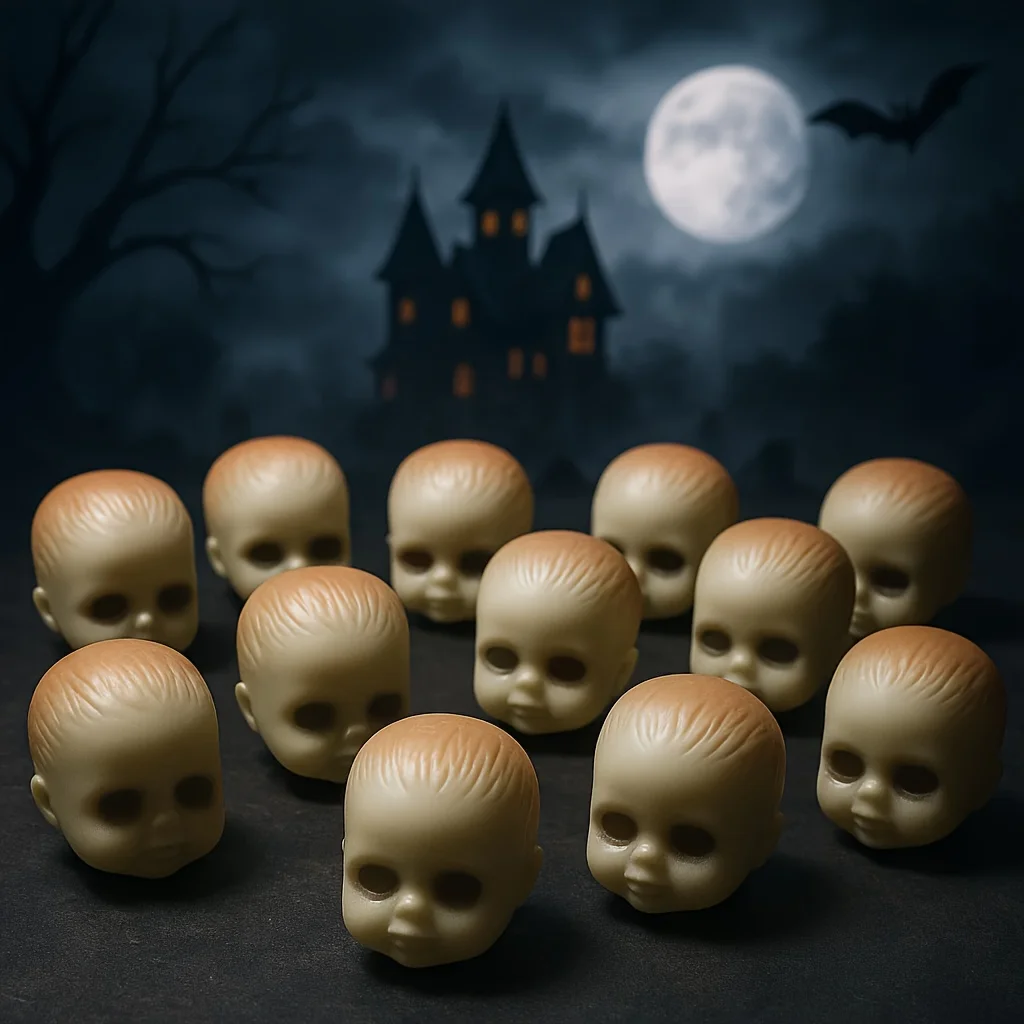 12 Stück Halloween-Deko-Ornamente mit gruseligen Puppenköpfen, gruselige Horror-Puppenkopf-Deko-Requisiten für Halloween-Party, Spukhaus, Cosplay-Szene