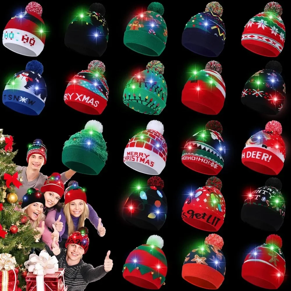 

20 Pcs Light Up Christmas Hats - LED Xmas Sweater Beanie in 20 Styles | Flashing Winter Knitted Cap