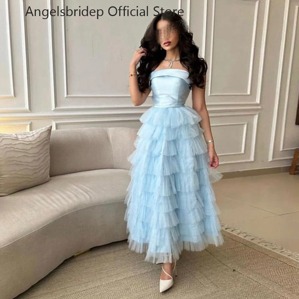 

Angelsbridep Sky Blue Tiered Tulle A-line Prom Dresses Dubai Vestidos De Noche Sleeveless Arabia Robes De Soirée Party Dresses